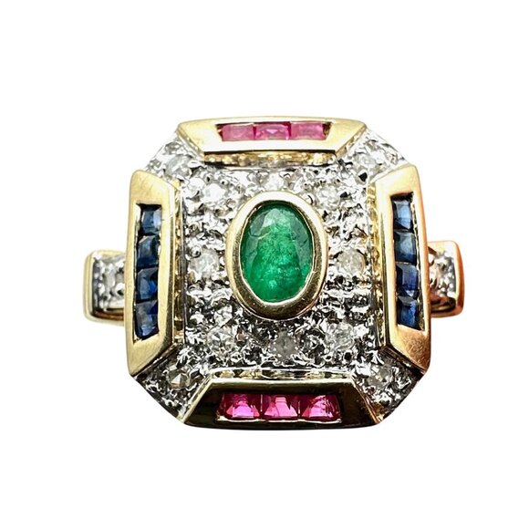 Womens Ring 14K Gold Emerald Diamond Red Blue Spinel 3.9 Grams Size 7 Estate - Picture 1 of 6